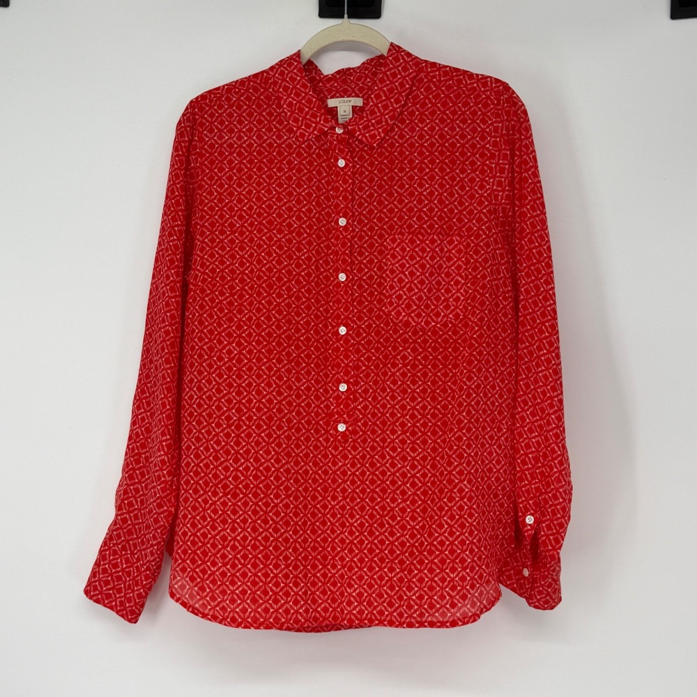 J. Crew Womens Red White Geometric Silk Cotton Button Down‎ Shirt Size M